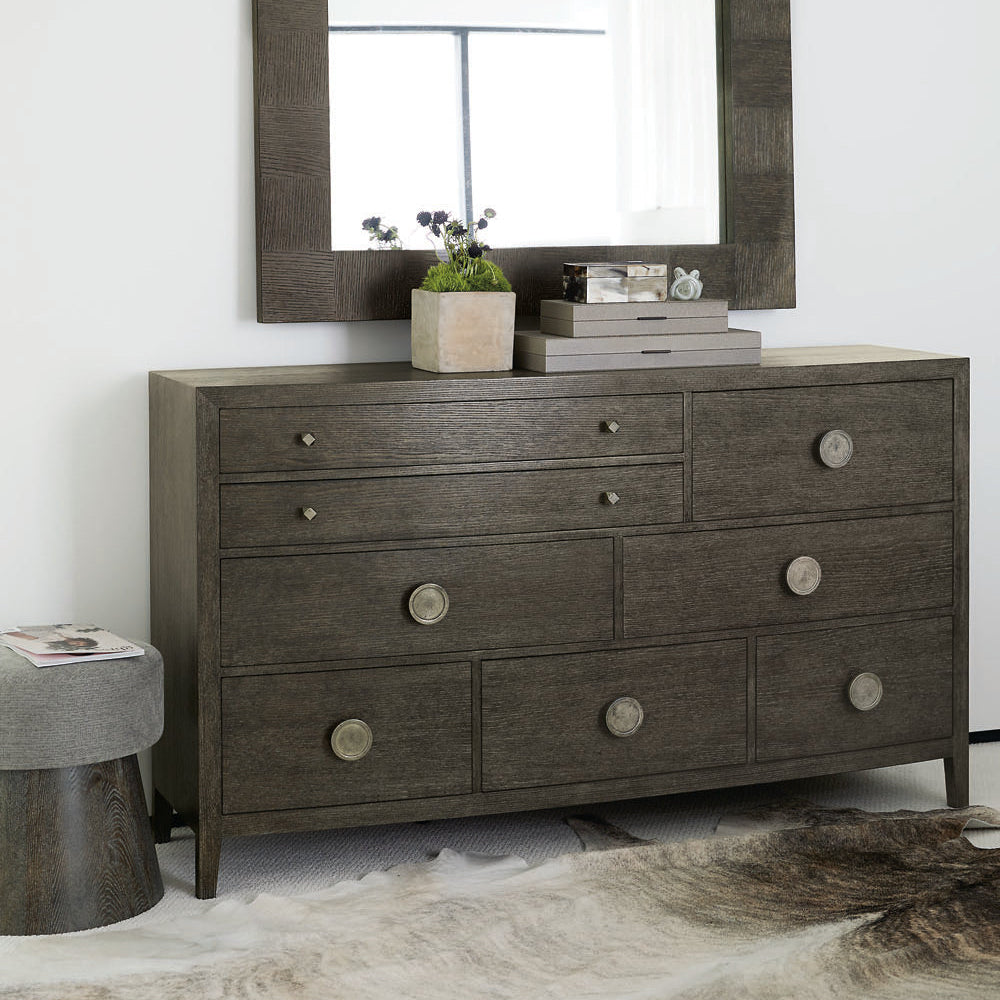 Bernhardt Linea Cerused Charcoal Round Bench in Cerused Charcoal finish, shown to scale.