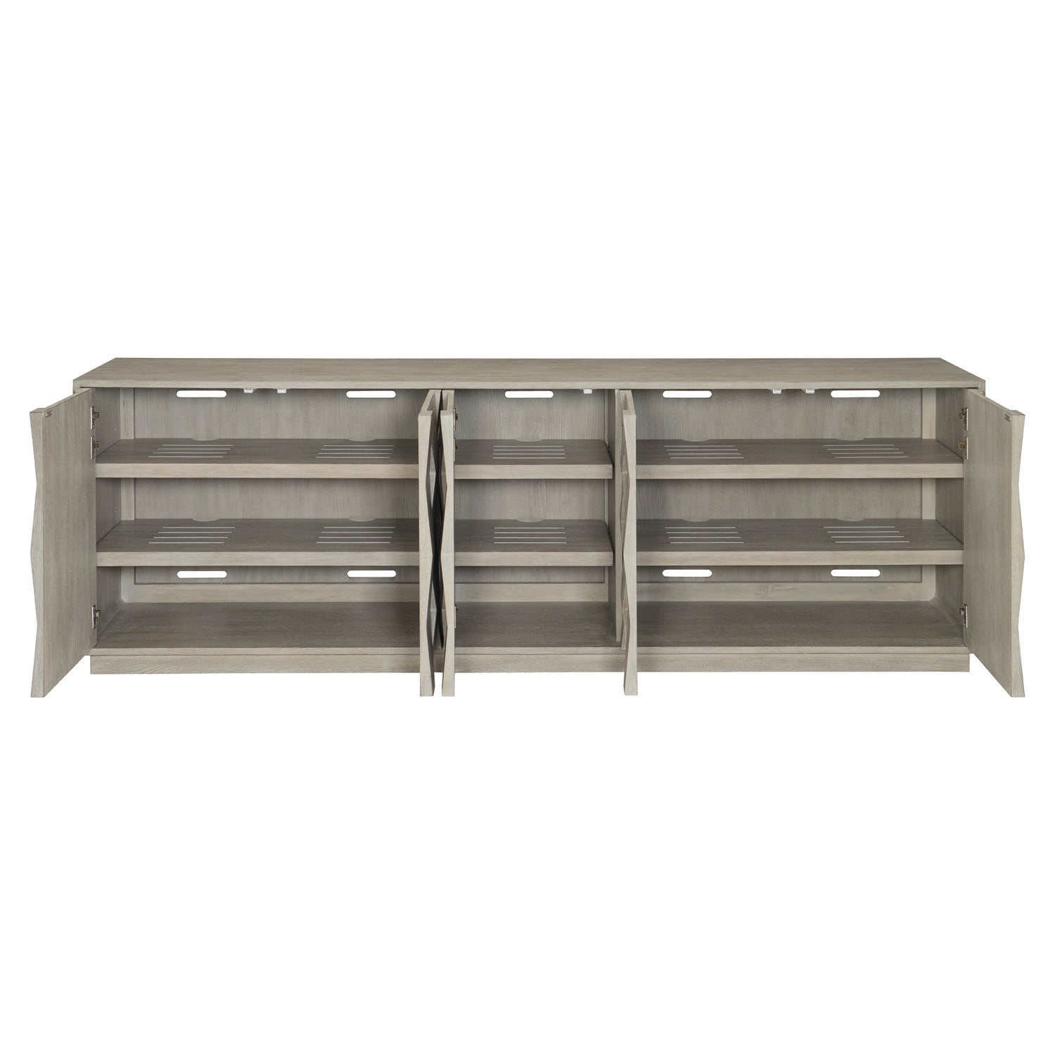 Bernhardt Linea Cerused Greige Entertainment Console in Cerused Greige finish, shown to scale.