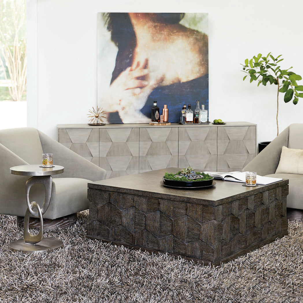Bernhardt Linea Cerused Greige Entertainment Console in Cerused Greige finish, side profile.