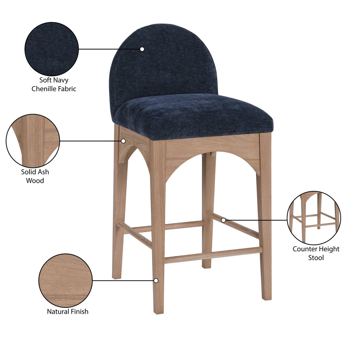Waldorf Navy Chenille Fabric Upholstered Counter Stool Set of 2