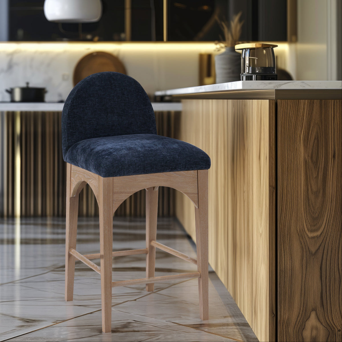 Waldorf Navy Chenille Fabric Upholstered Counter Stool Set of 2