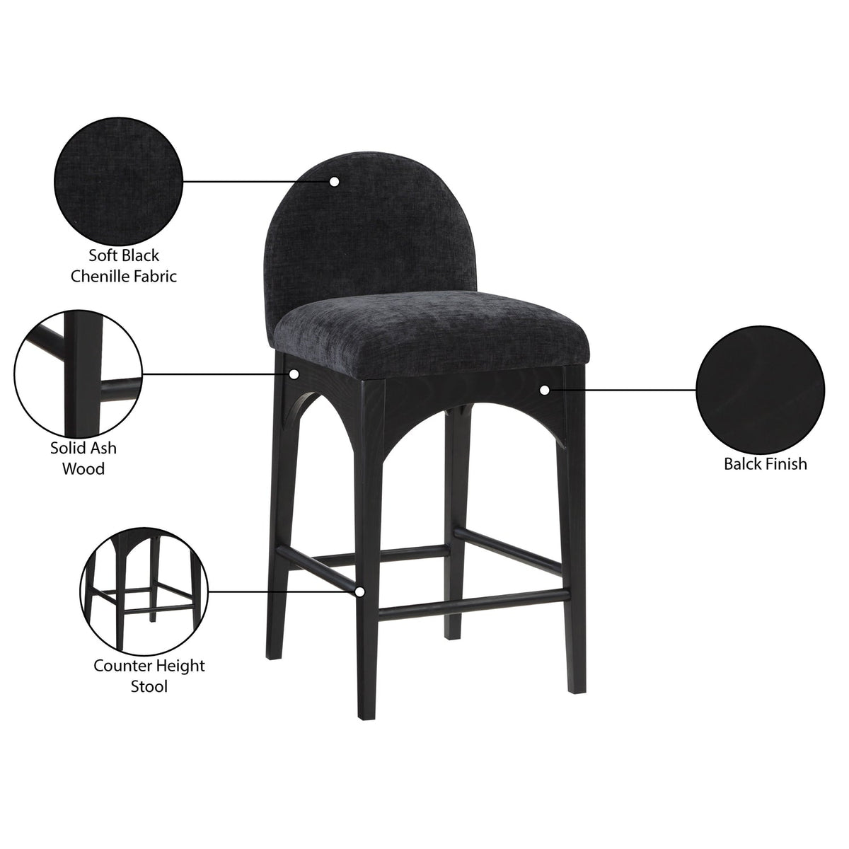 Waldorf Black Chenille Fabric Upholstered Counter Stool Set of 2