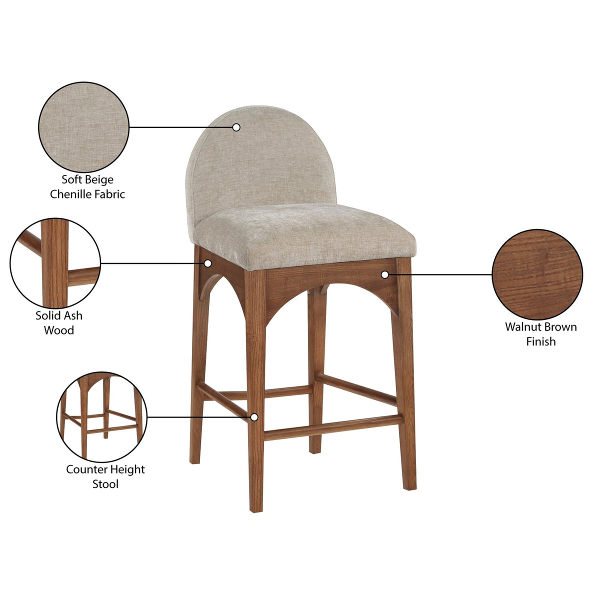 Waldorf Beige Chenille Fabric Upholstered Counter Stool Set of 2
