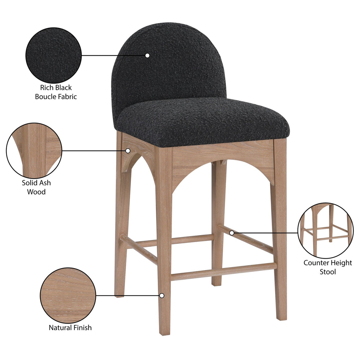 Waldorf Black Boucle Fabric Upholstered Counter Stool Set of 2