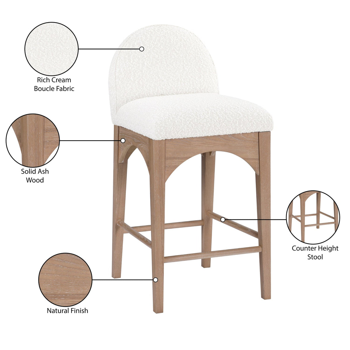 Waldorf Cream Boucle Fabric Upholstered Counter Stool Set of 2