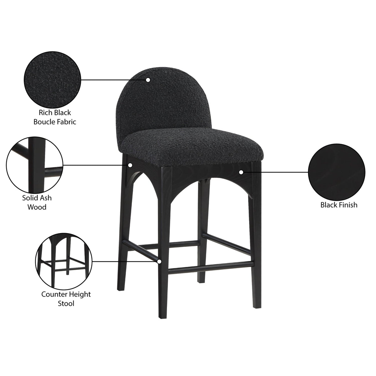 Waldorf Black Boucle Fabric Upholstered Counter Stool Set of 2