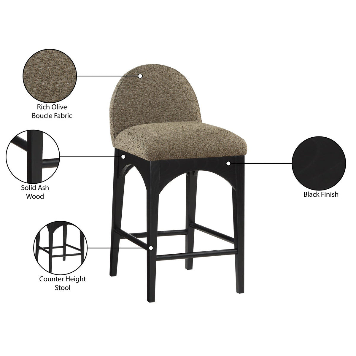 Waldorf Olive Boucle Fabric Upholstered Counter Stool Set of 2