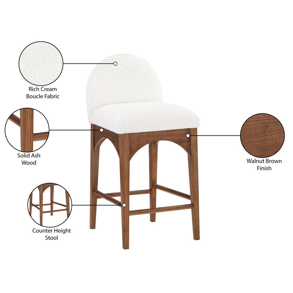 Waldorf Cream Boucle Fabric Upholstered Counter Stool Set of 2