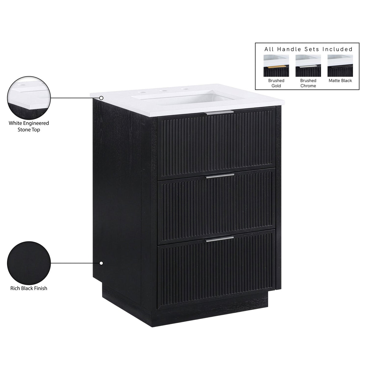 Willard 24in Black Engineered Stone And Solid Wood Bathroom Vanity