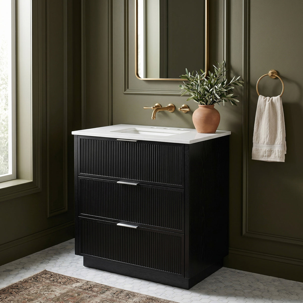 Willard 30in Black Engineered Stone And Solid Wood Bathroom Vanity