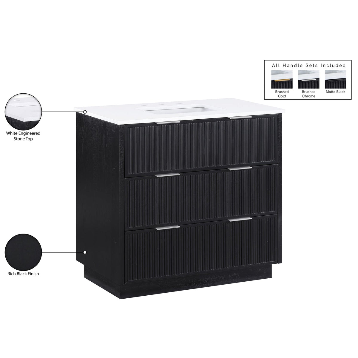 Willard 36in Black Engineered Stone And Solid Wood Bathroom Vanity