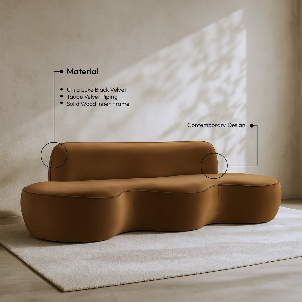 Swerve 100in Saddle Velvet Upholstered Sofa