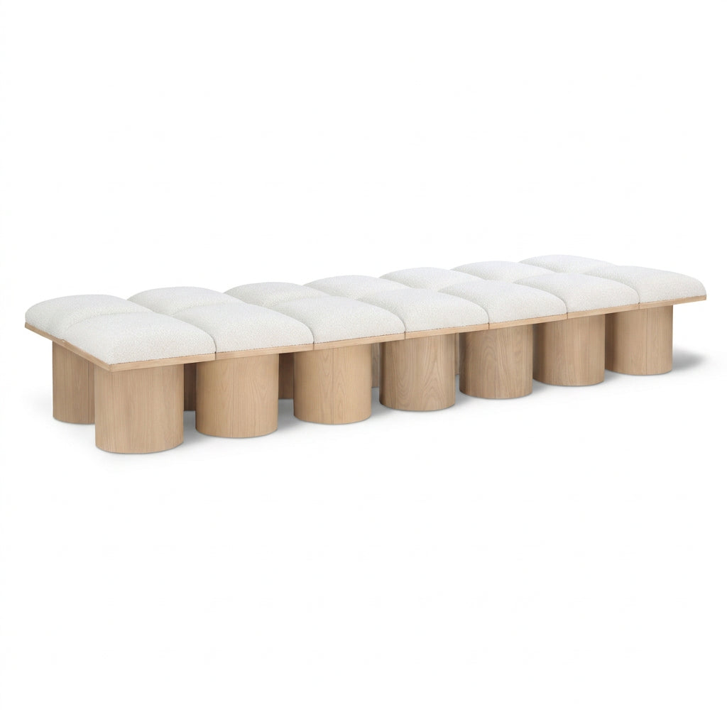 Pavilion Cream Boucle Fabric Upholstered 14pc. Modular Bench in cream boucle and oak veneer, primary product view
