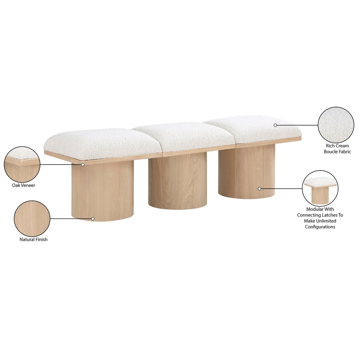 Pavilion Cream Boucle Fabric Upholstered 3 Piece Modular Bench