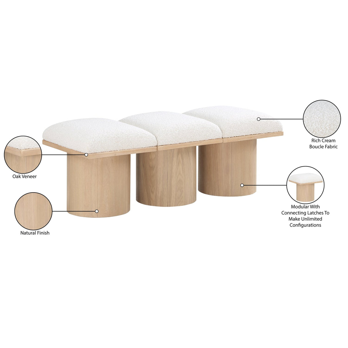 Pavilion Cream Boucle Fabric Upholstered 3 Piece Modular Bench
