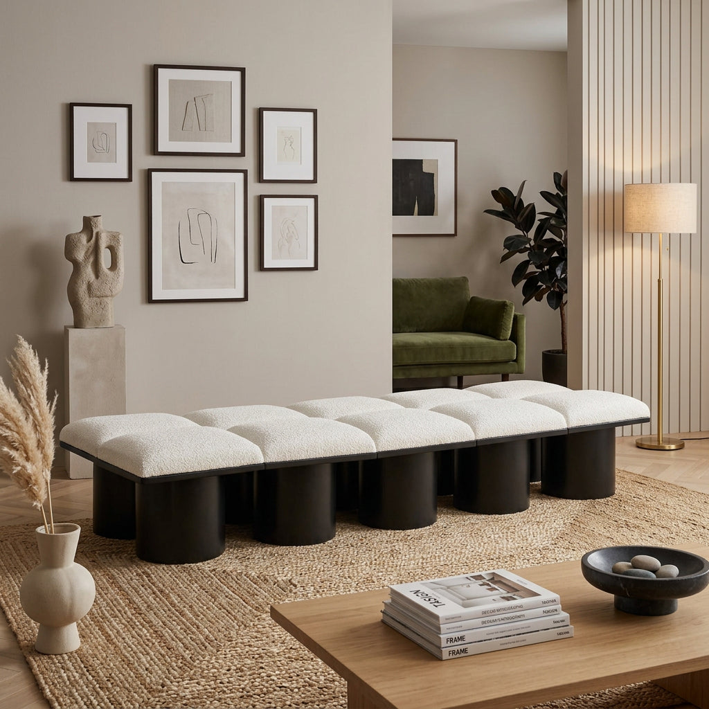 Pavilion Cream Boucle Fabric Upholstered 10 Piece Modular Bench