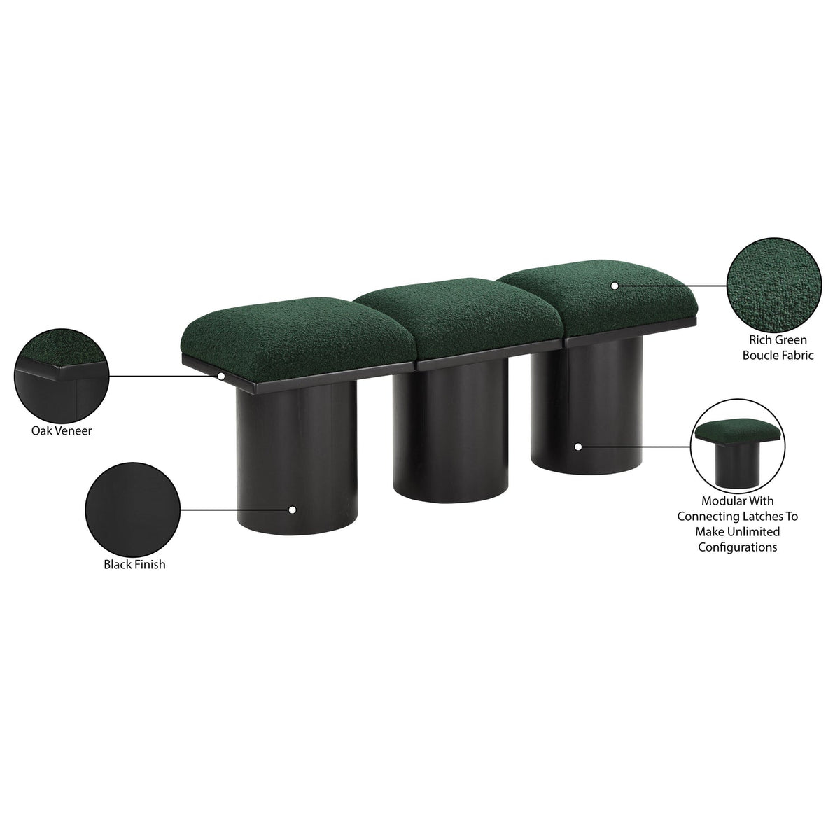 Pavilion Green Boucle Fabric Upholstered 3 Piece Modular Bench