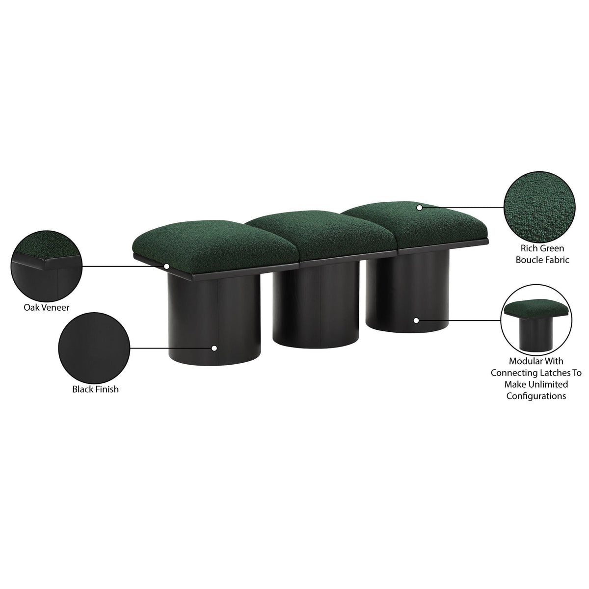 Pavilion Green Boucle Fabric Upholstered 3 Piece Modular Bench