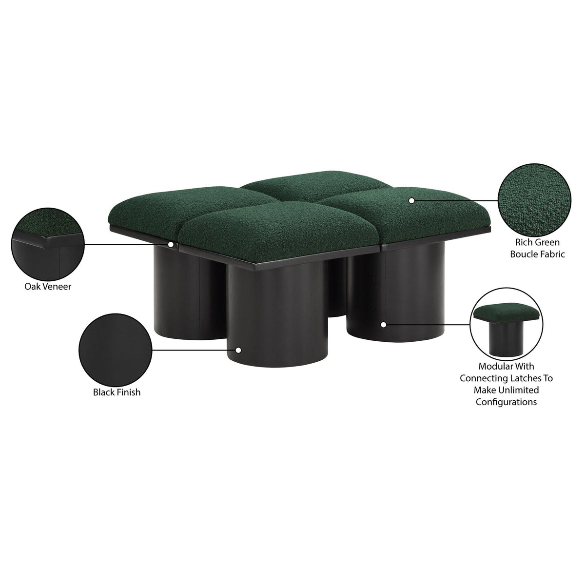 Pavilion Green Boucle Fabric Upholstered 4 Piece Modular Bench