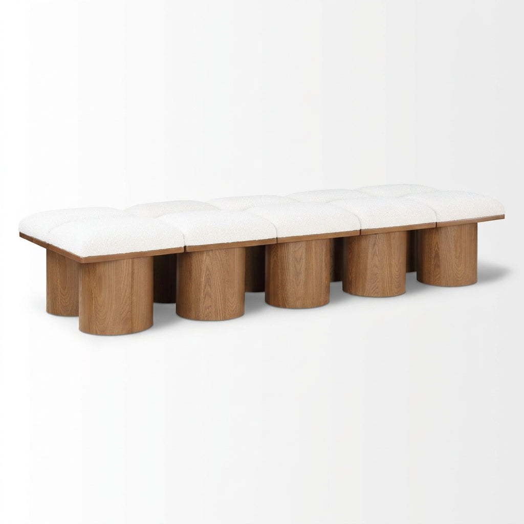 Pavilion Cream Boucle Fabric Upholstered 10pc. Modular Bench in cream boucle and oak veneer, primary product view