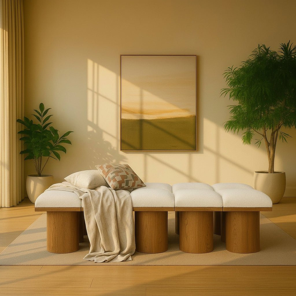 Pavilion Cream Boucle Fabric Upholstered 10 Piece Modular Bench