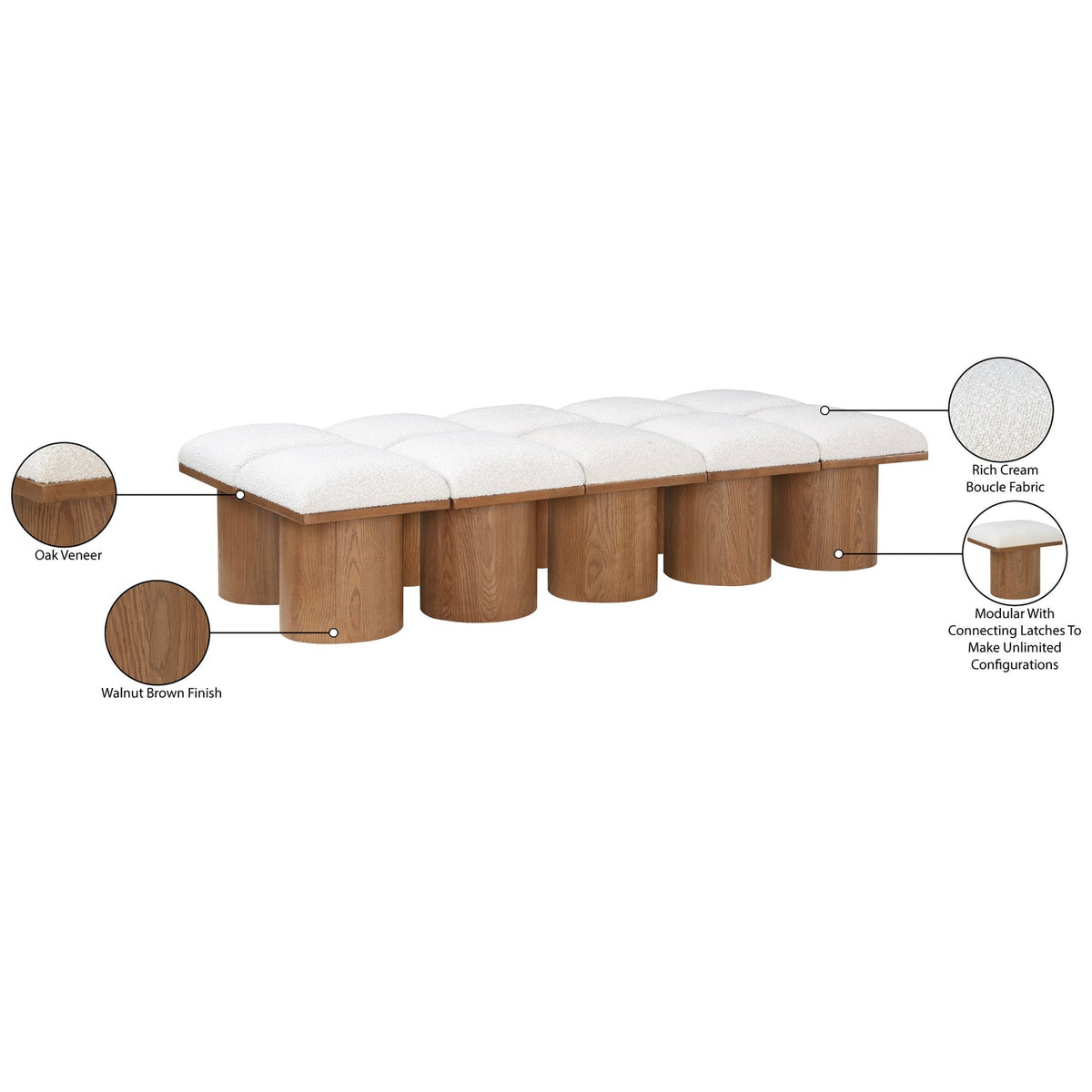 Pavilion Cream Boucle Fabric Upholstered 10 Piece Modular Bench