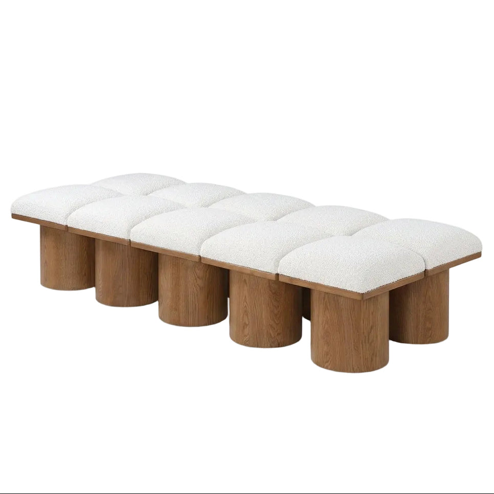 Pavilion Cream Boucle Fabric Upholstered 12pc. Modular Bench in cream boucle and oak veneer, primary product view
