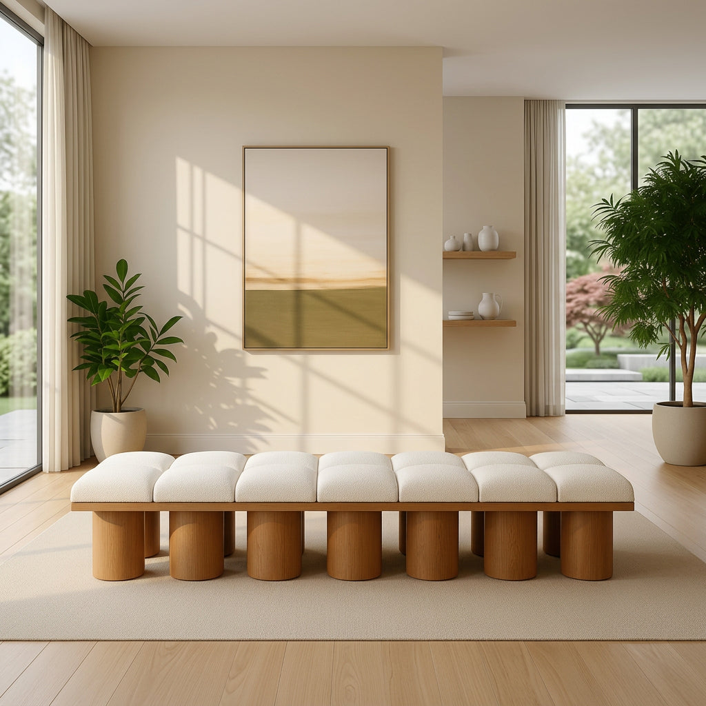 Pavilion Cream Boucle Fabric Upholstered 14 Piece Modular Bench