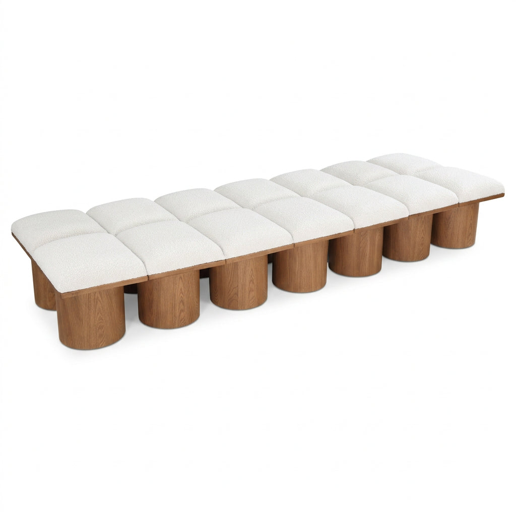 Pavilion Cream Boucle Fabric Upholstered 14pc. Modular Bench in cream boucle and oak veneer, primary product view