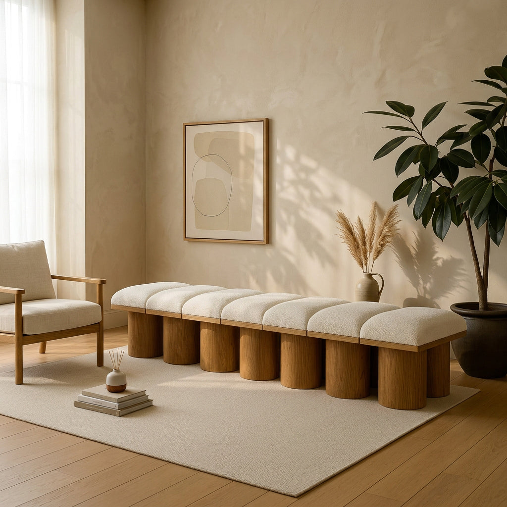 Pavilion Cream Boucle Fabric Upholstered 14 Piece Modular Bench