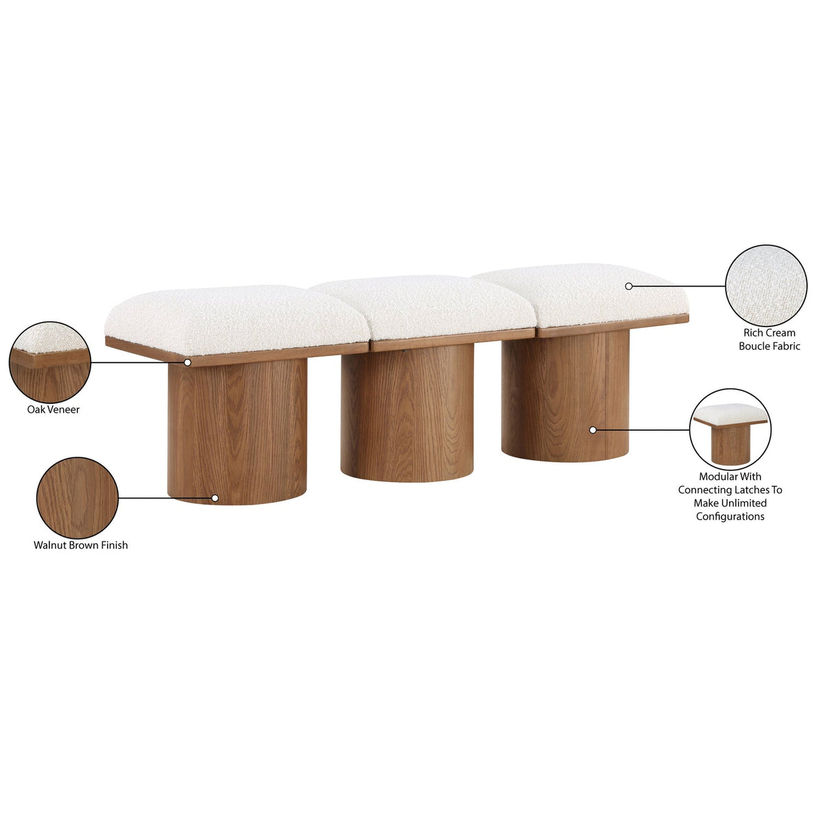 Pavilion Cream Boucle Fabric Upholstered 3 Piece Modular Bench