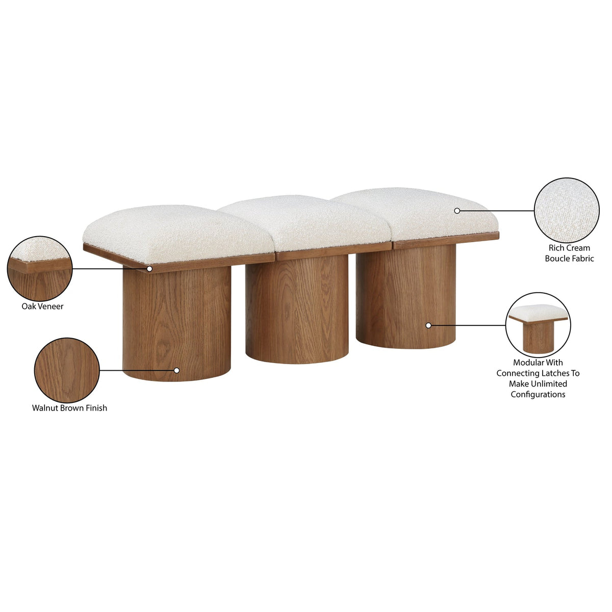 Pavilion Cream Boucle Fabric Upholstered 3 Piece Modular Bench