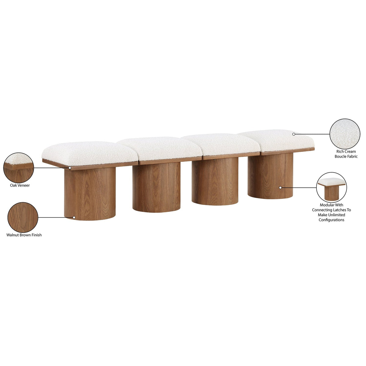 Pavilion Cream Boucle Fabric Upholstered 4 Piece Modular Bench