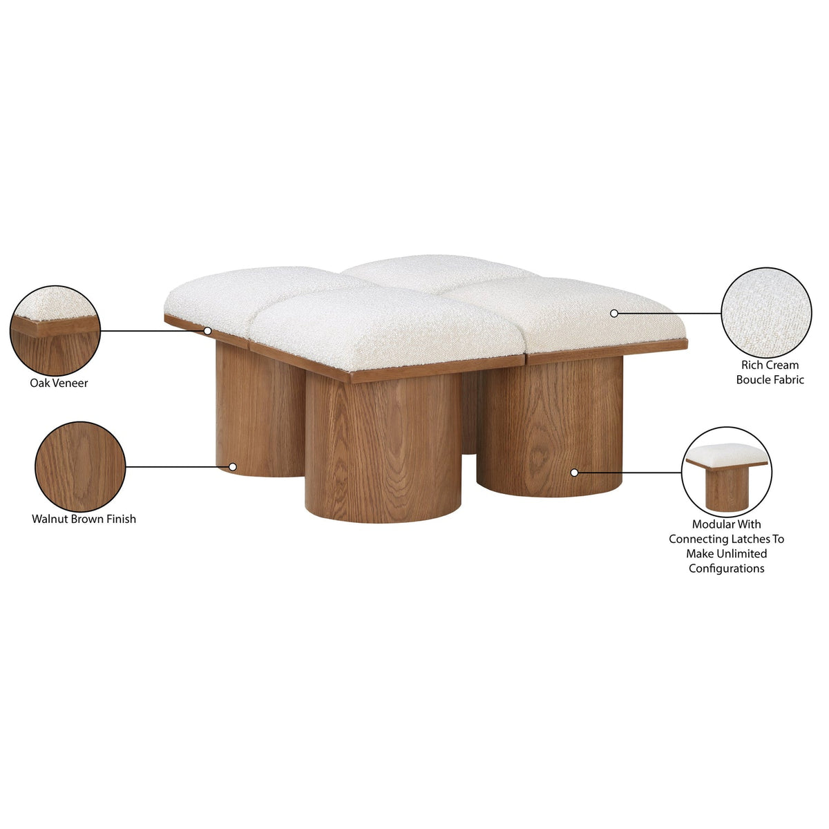 Pavilion Cream Boucle Fabric Upholstered 4 Piece Modular Bench