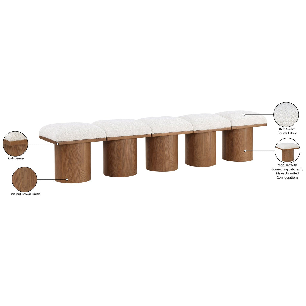 Pavilion Cream Boucle Fabric Upholstered 5 Piece Modular Bench