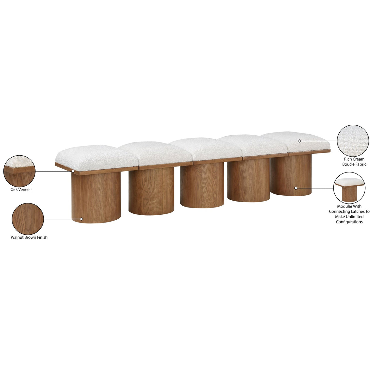 Pavilion Cream Boucle Fabric Upholstered 5 Piece Modular Bench