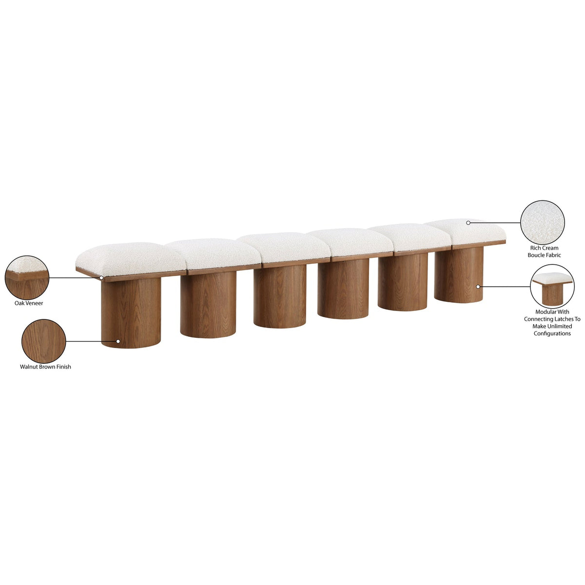 Pavilion Cream Boucle Fabric Upholstered 6 Piece Modular Bench