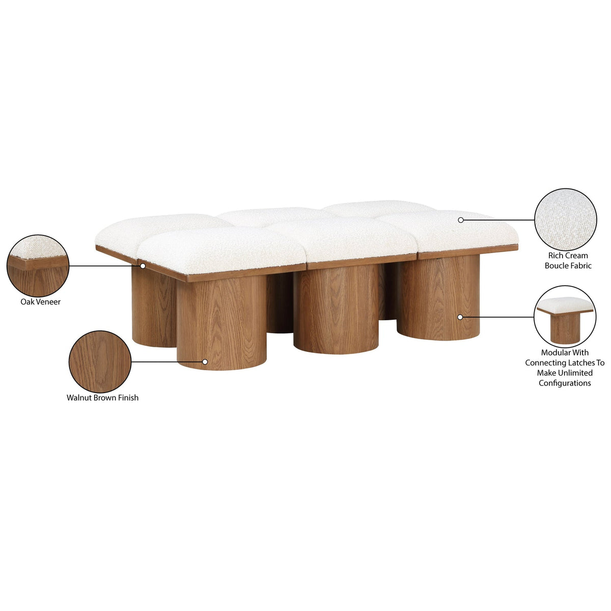 Pavilion Cream Boucle Fabric Upholstered 6 Piece Modular Bench