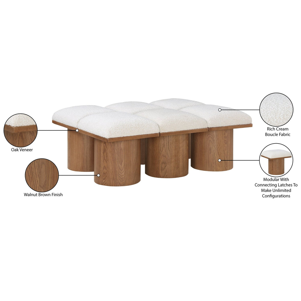 Pavilion Cream Boucle Fabric Upholstered 6 Piece Modular Bench