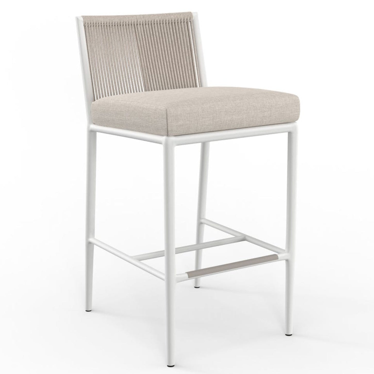 Sunset West Sabbia Echo Ash outdoor counter stool in Satin White with linen rope, front view