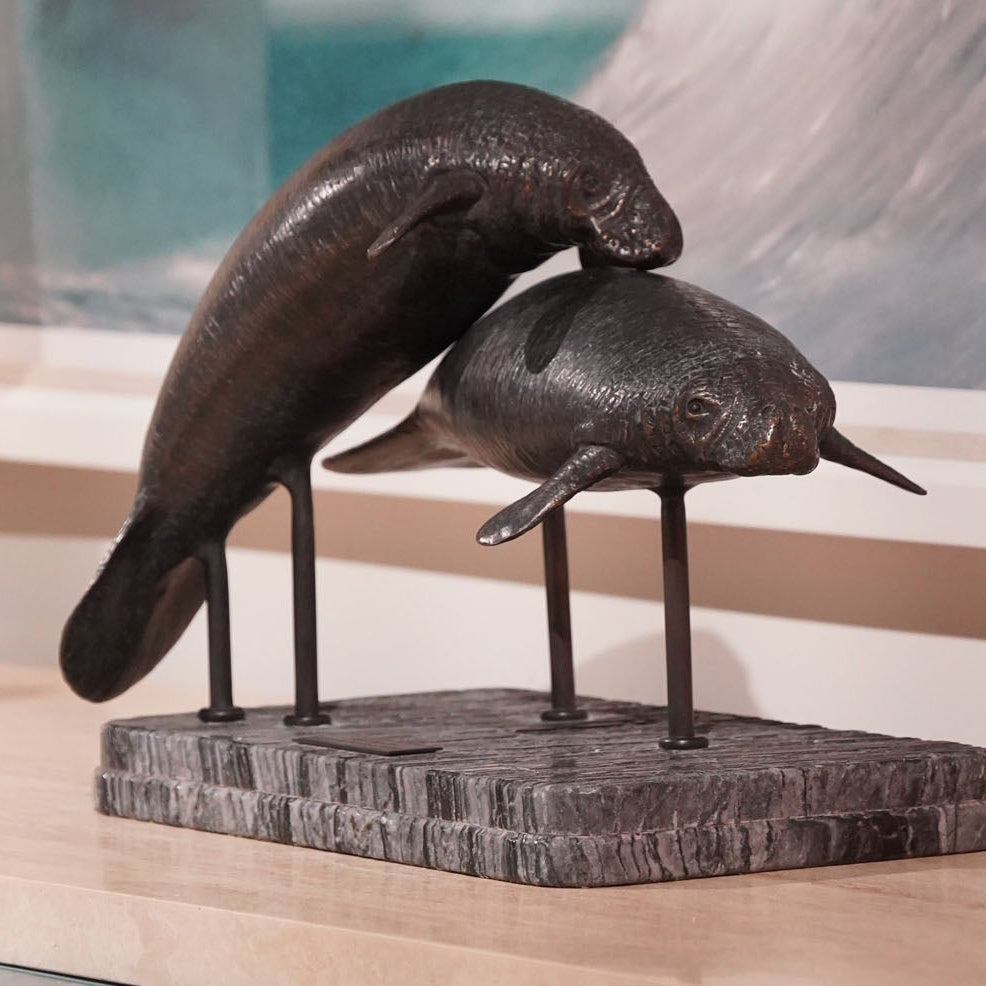 Jonathan Charles Raised Manatee Bronze Statue with Marble Base