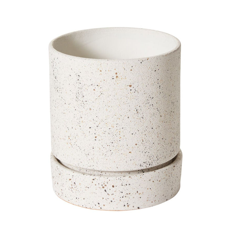 Nisha Pot alternate view, off-white ceramic planter with saucer