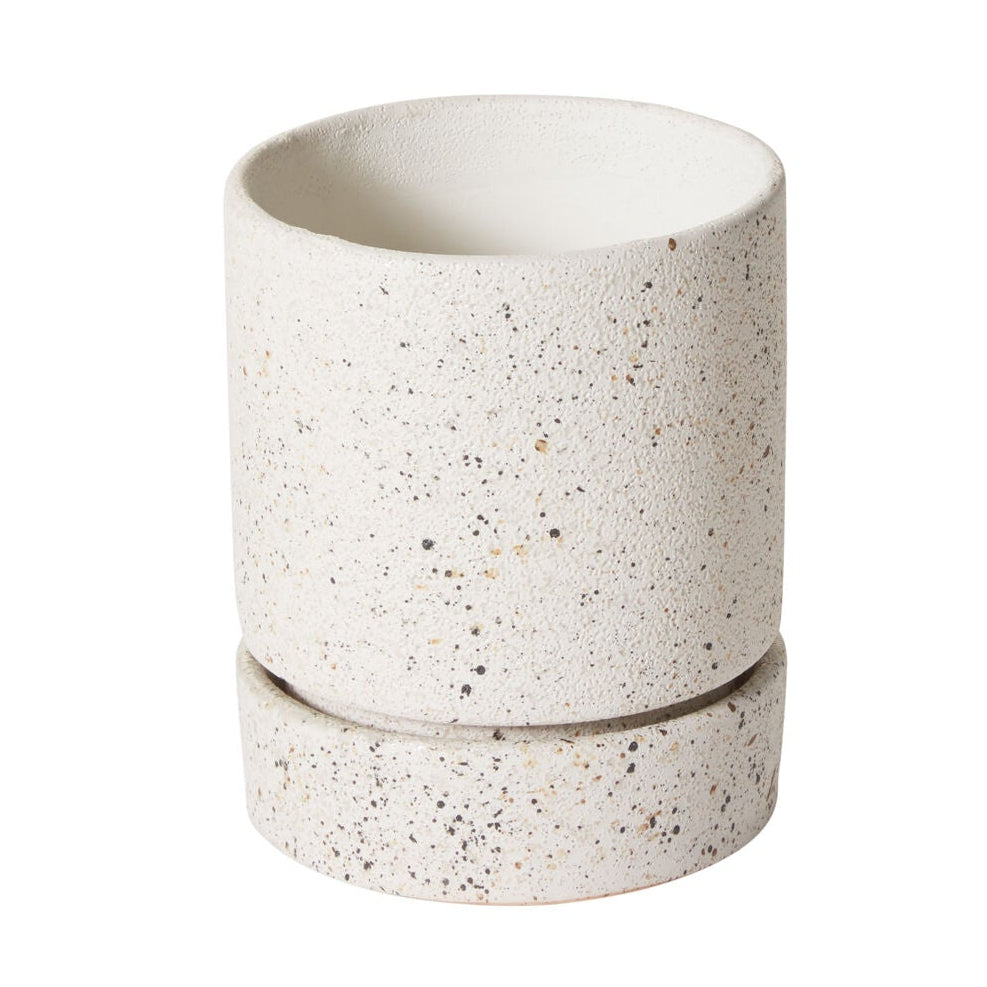 Nisha Pot another view, off-white ceramic planter with saucer
