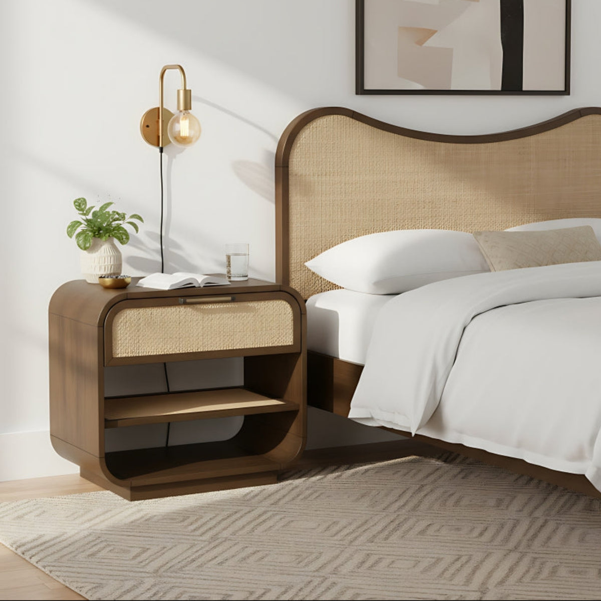 Windsor 28.5in Brown Natural Cane And Solid Wood Nightstand Set of 2