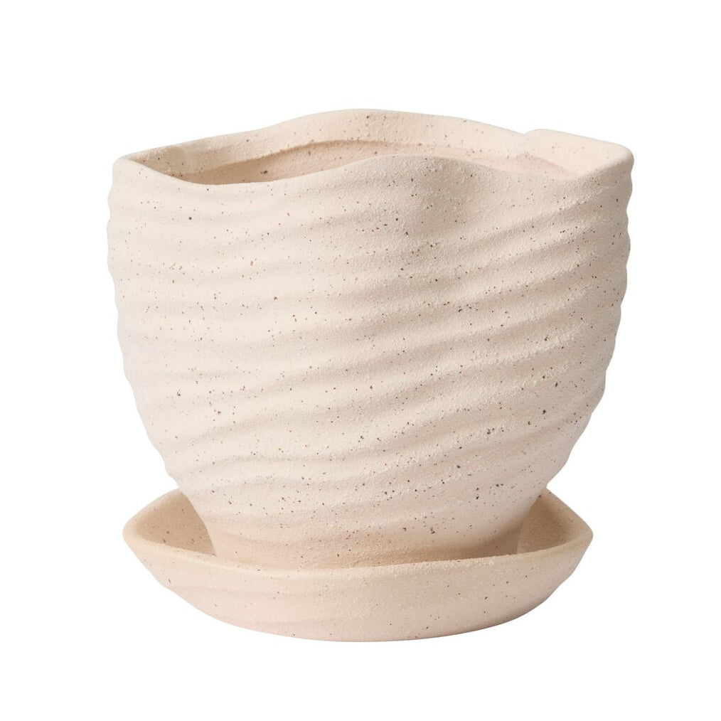 Highland Pot with Saucer additional view, tan ceramic planter with saucer