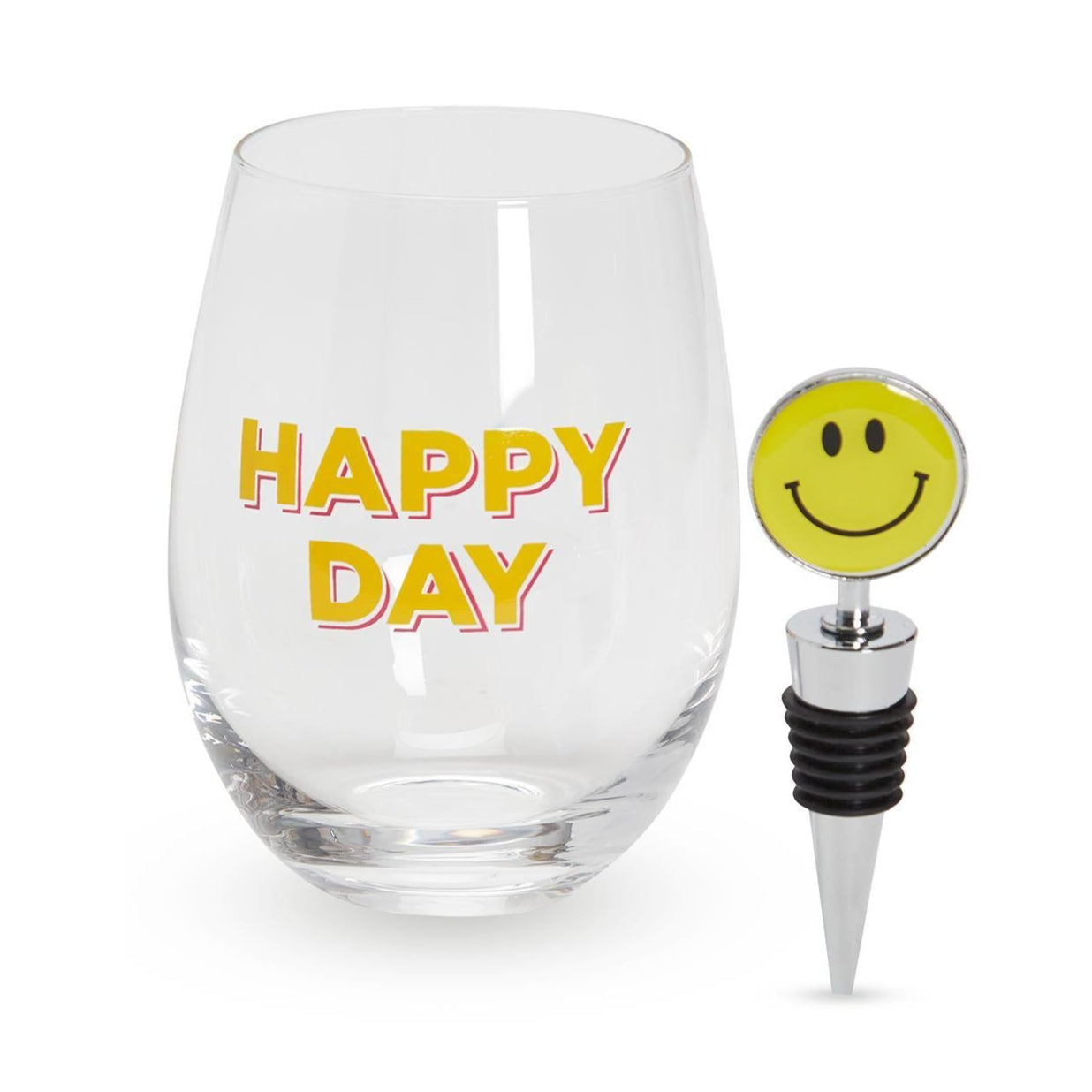 Happy Day Stemless Wine Glass & Wine Stopper Set