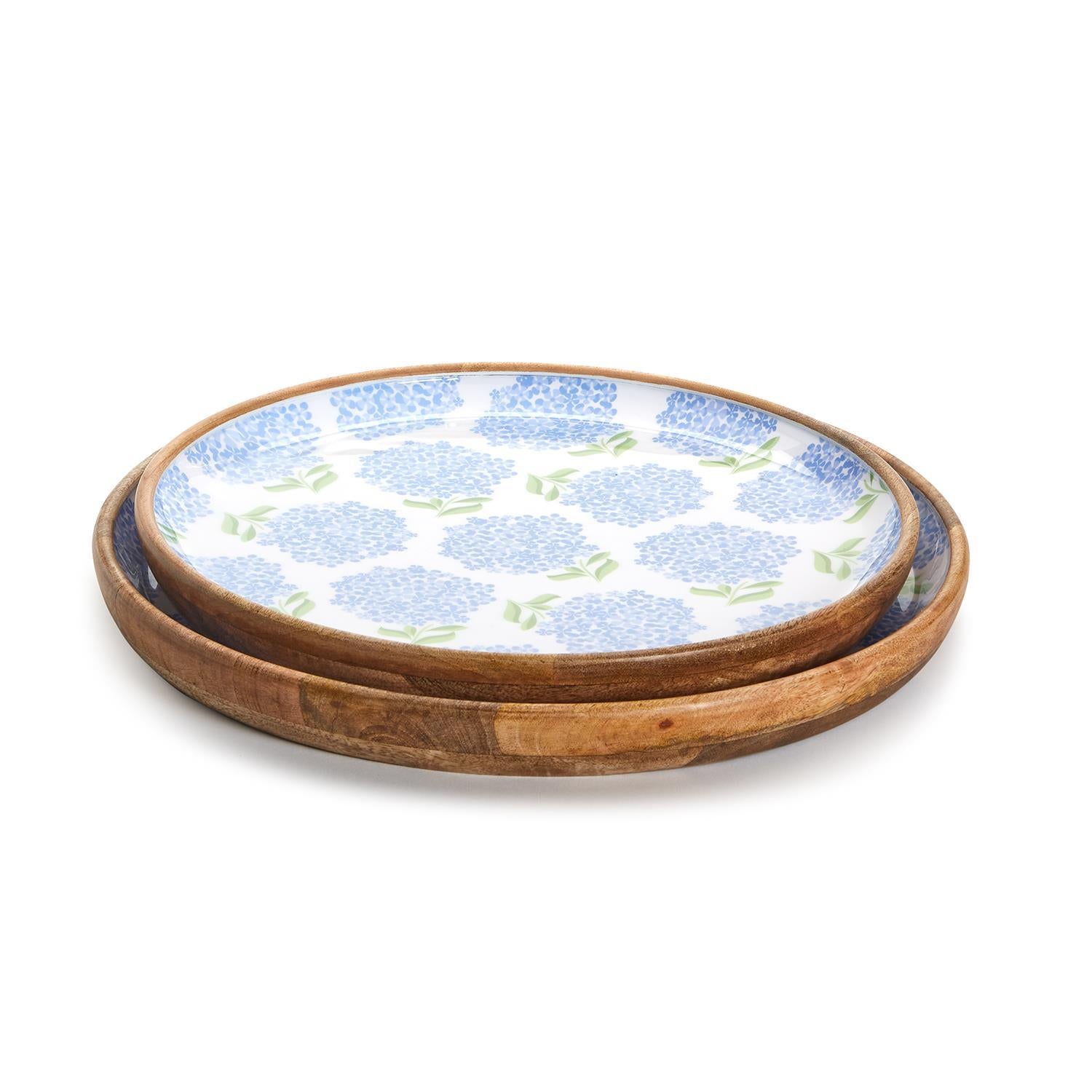 Hydrangea Wood Round Tray Set of 2