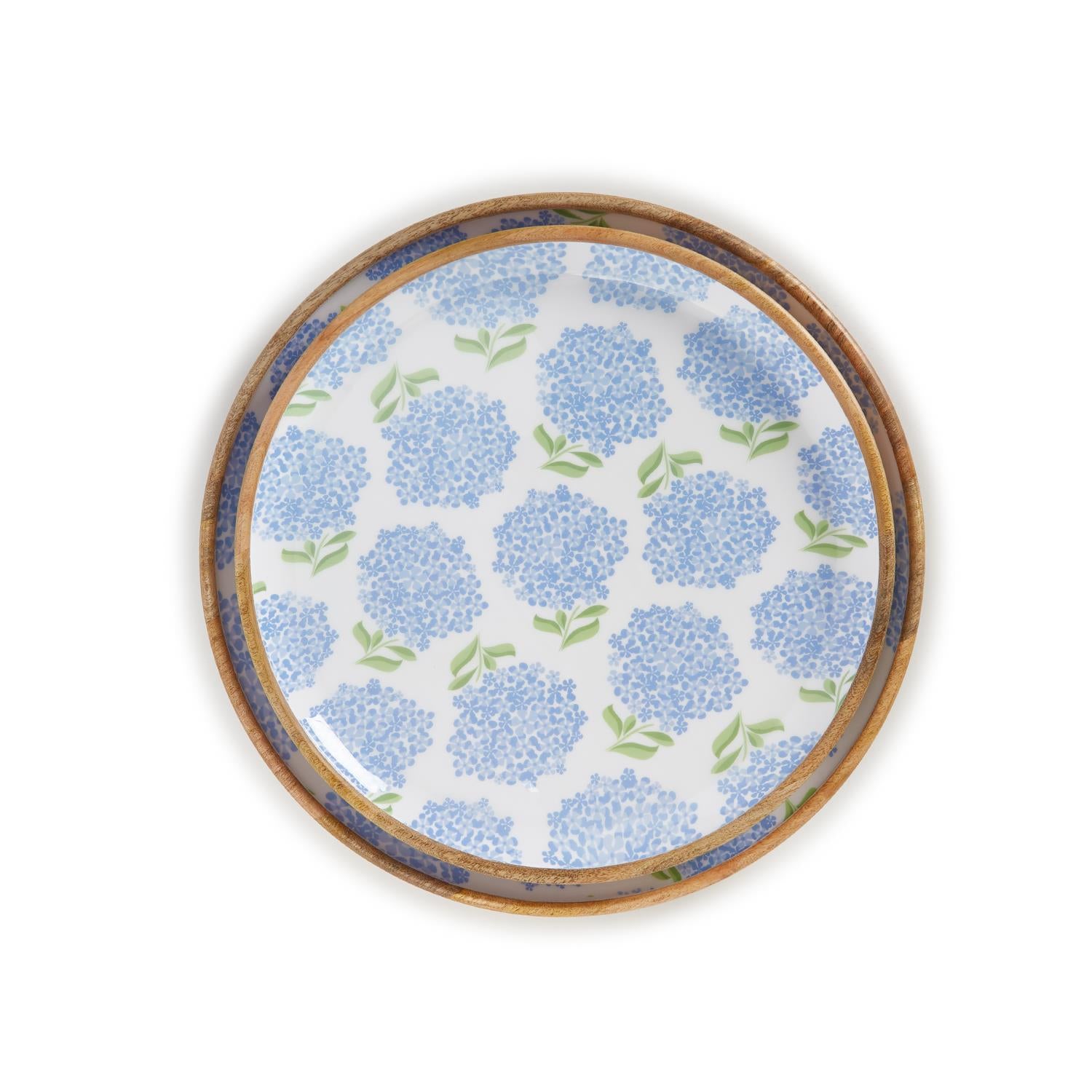 Hydrangea Wood Round Tray Set of 2
