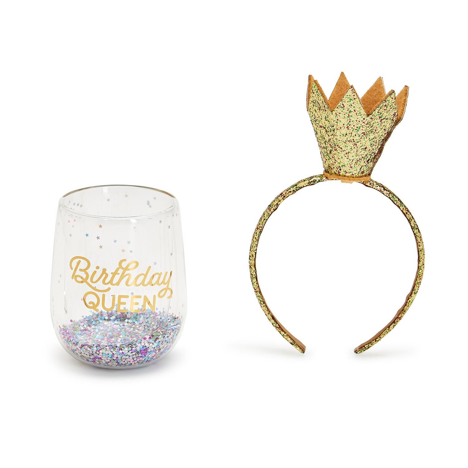 Birthday Queen Wine Glass and Glitter Crown Headband