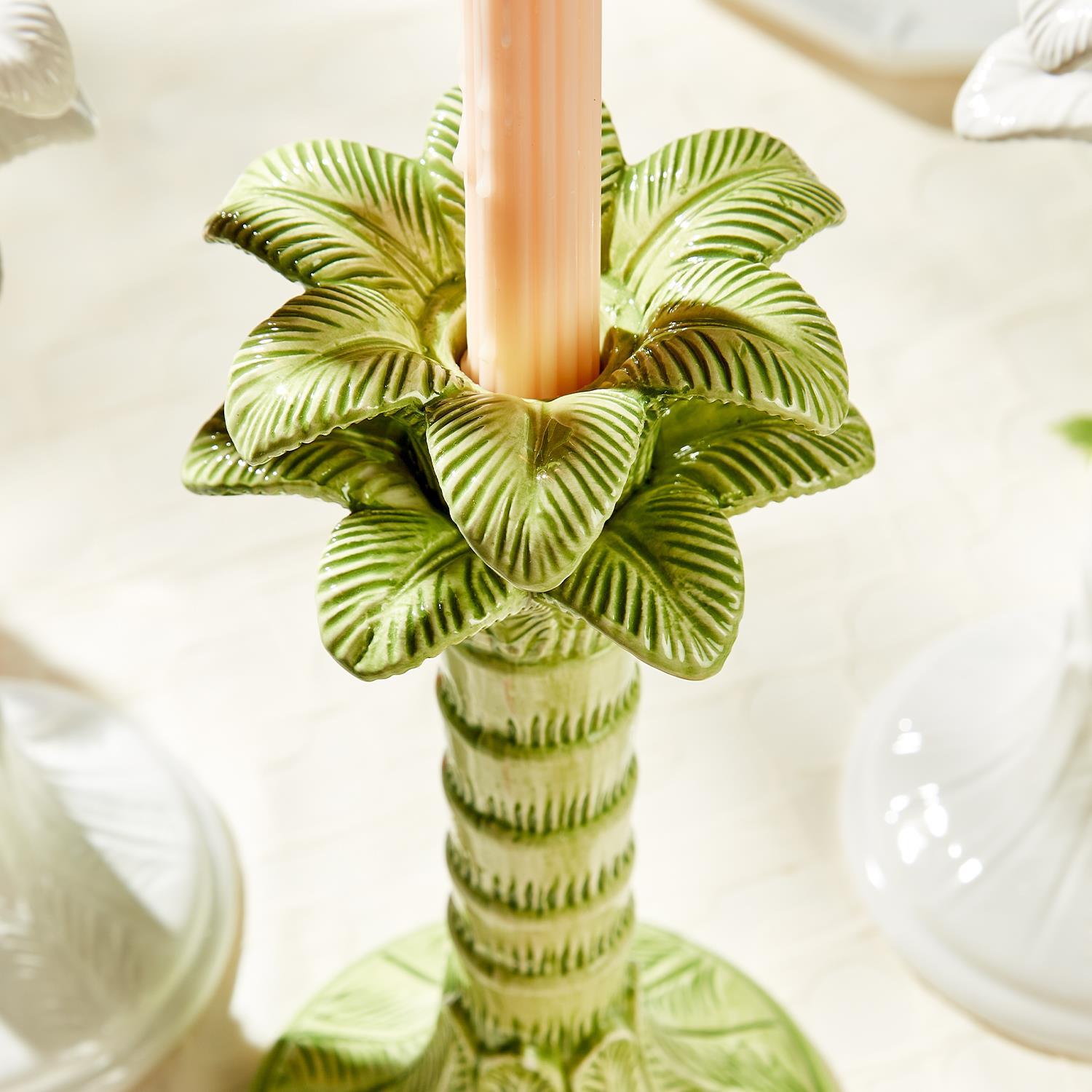 Green Palm Leaf Taper Candlestick Holder Set of 2